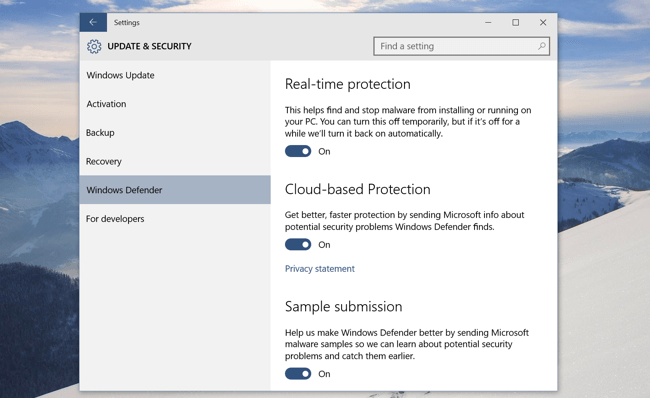 Setting Windows Defender